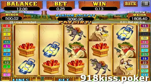 Pay Dirt reels with the game logo showing, dynamite crates, lanterns, the donkey, the prospector and the dog with a gold nugget after a 5-line win