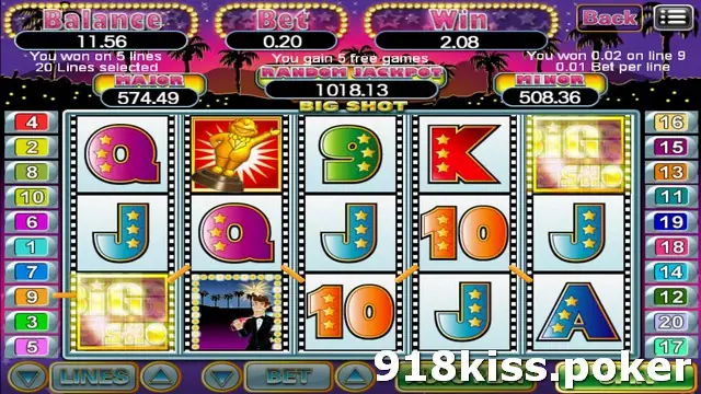 Big Shot reels after a win showing the messages You won on 5 lines and You gain 5 free games, with Big Shot logos lit on reels one and five