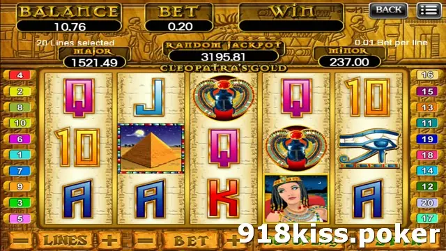 Cleopatra's Gold slot on 918Kiss with pyramid, scarab, eye of Horus and Cleopatra portrait symbols on five reels