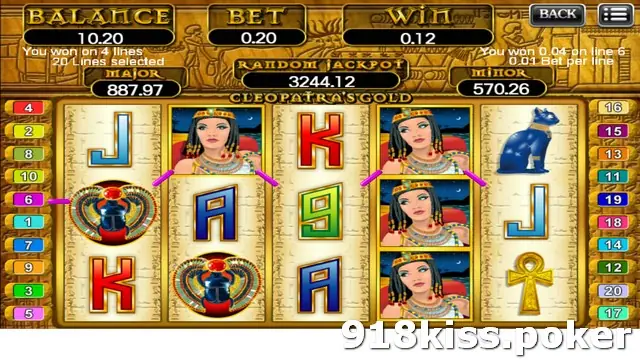 Cleopatra's Gold reels after a small win, with Cleopatra portraits stacked on reel four and lines drawn across the reels