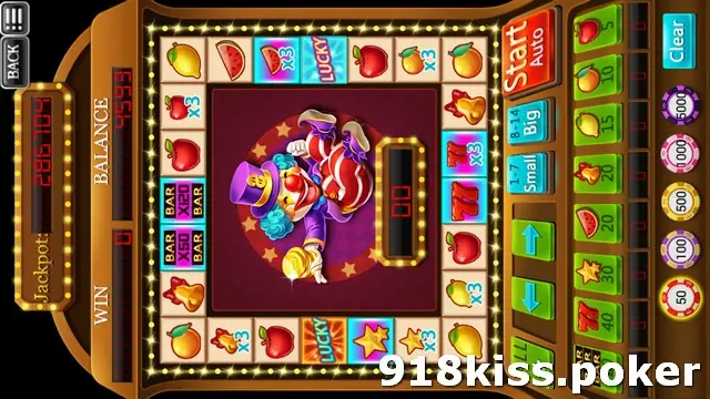 Apple Machine on 918Kiss: a square board of fruit, BAR, 77 and LUCKY tiles around a cartoon ringmaster, with chip buttons and Big and Small on the right