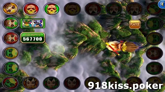 Battle World on 918Kiss during a round, the Monkey King riding a cloud over misty green mountains with PLAYER shown on the right