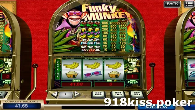 Funky Monkey three-reel machine on 918Kiss with a monkey in sunglasses on the sign, a 3-coin pay table and bananas and sunglasses on the reels