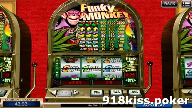 Funky Monkey reels on 918Kiss showing 3BAR, 1BAR and 2BAR on the payline, coin 0.25 and a win of 2.5