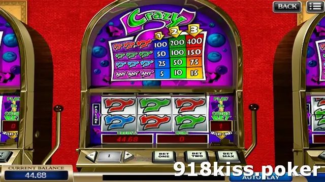 Crazy 7 three-reel machine on 918Kiss with red, green and blue sevens on the reels and a pay table for one, two and three coins
