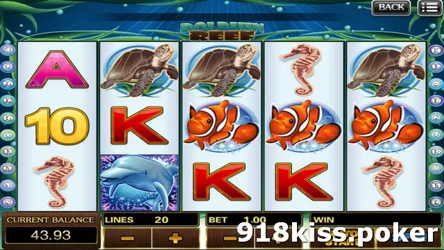Dolphin Reef slot on 918Kiss with a turtle, clownfish, seahorse and dolphin on five reels, 20 lines and a bet of 1.00