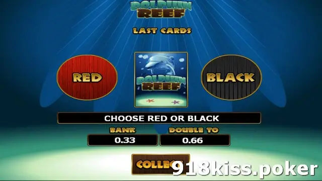 Dolphin Reef gamble screen on 918Kiss with Red and Black buttons, a face-down card, Bank 0.33 and Double To 0.66, and a Collect button