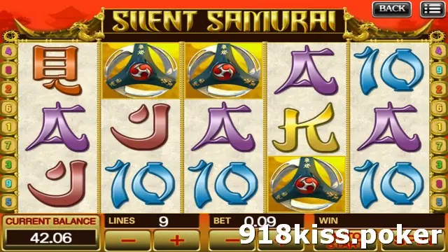 Silent Samurai slot on 918Kiss with brush-style A, J, K and 10 symbols and a black and gold samurai emblem on five reels, 9 lines selected