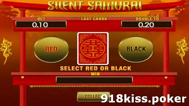 Silent Samurai gamble screen on 918Kiss under a red torii gate, Red and Black buttons either side of a card with a red double-happiness pattern, Bet 0.10 and Double To 0.20