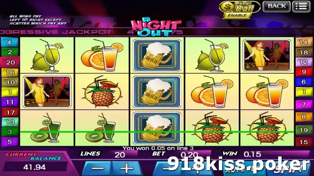 A Night Out slot on 918Kiss with beer mug WILD symbols stacked on the middle reel, cocktails, pineapples and oranges, 20 lines and a 0.15 win