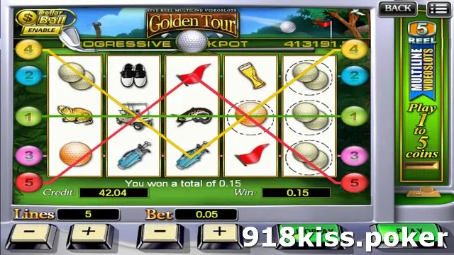 Golden Tour golf slot on 918Kiss with five coloured paylines drawn across reels of golf balls, a flag, a golf bag and a gopher, and a win of 0.15
