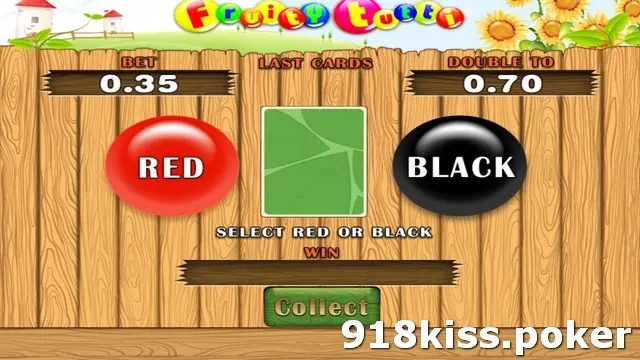 Fruity Tutti gamble screen on 918Kiss with Red and Black balls either side of a green leaf-pattern card, Bet 0.35 and Double To 0.70