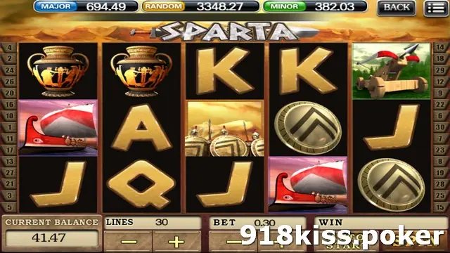 Sparta slot on 918Kiss with a painted Greek amphora, a war galley, a catapult, a row of shields and a round Spartan shield on five reels, 30 lines