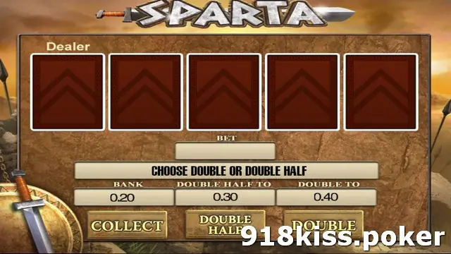 Sparta gamble screen on 918Kiss with five face-down dealer cards, Bank 0.20, Double Half To 0.30 and Double To 0.40, and Collect, Double Half and Double buttons