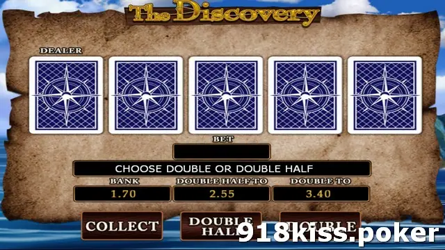 The Discovery gamble screen on 918Kiss with five blue compass-backed dealer cards on parchment, Bank 1.70, Double Half To 2.55 and Double To 3.40