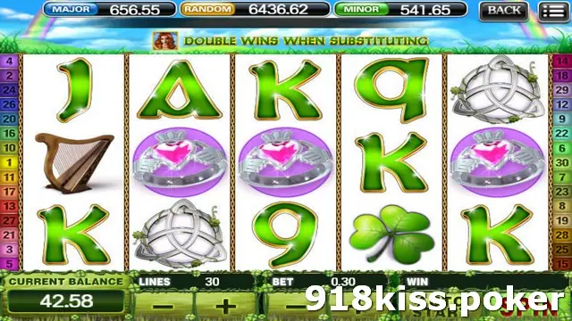 Irish Luck slot on 918Kiss with a harp, Claddagh rings, Celtic knots and a shamrock on five reels and the banner Double Wins When Substituting