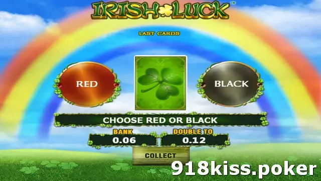 Irish Luck gamble screen on 918Kiss under a rainbow, with Red and Black buttons either side of a shamrock card, Bank 0.06 and Double To 0.12, and a Collect sign