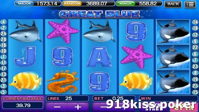 Great Blue slot on 918Kiss with shark, starfish, tropical fish and seahorse symbols, three orca symbols on reel five and the lines and bet panel below