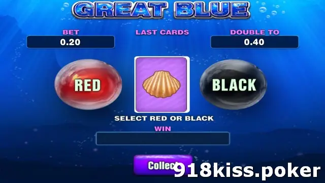 Great Blue gamble screen with RED and BLACK buttons around a seashell card back, bet 0.20 and double to 0.40