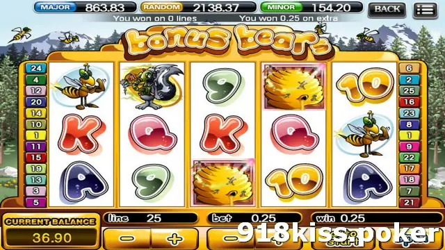 Bonus Bears spin on 918Kiss with two highlighted beehives and the message You won 0.25 on extra