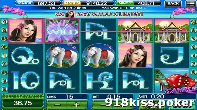 Thai Paradise slot on 918Kiss with temple, white elephant, lotus WILD and portrait symbols, a banner reading 5X pays 5000 x line bet