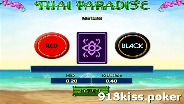 Thai Paradise gamble screen on a beach with RED and BLACK buttons around a purple lotus card back, bank 0.20 and double to 0.40