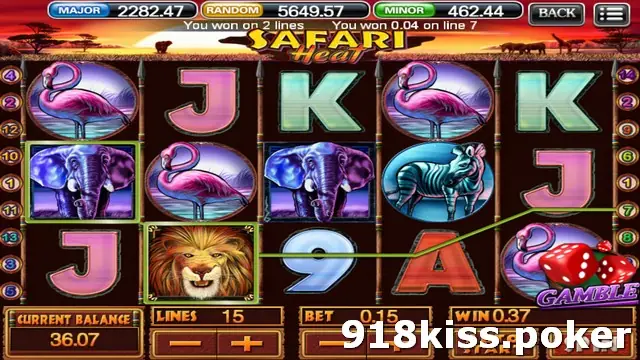 Safari Heat slot on 918Kiss with flamingo, elephant, zebra and lion symbols and a green win line crossing the reels at sunset