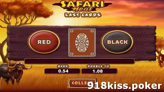 Safari Heat LAST CARDS gamble screen with RED and BLACK buttons on a wooden board, bank 0.54 and double to 1.08, buffalo in the grass