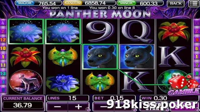 Panther Moon slot on 918Kiss with black panther, glowing flowers, a butterfly and a howling wolf on dark reels with a green win line