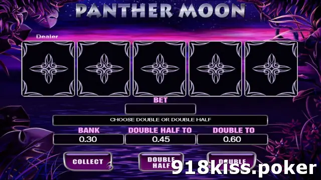 Panther Moon gamble screen with five dealer cards face down, bank 0.30, double half to 0.45 and double to 0.60, and Collect, Double Half and Double buttons