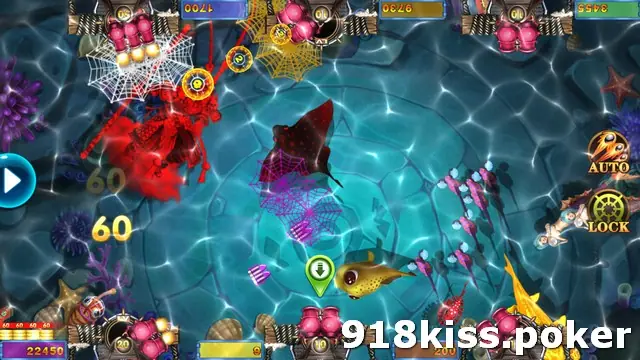 Da Sheng Nao Hai fish table on 918Kiss with a red crab and a manta ray caught in spider-web nets, floating 60 payouts and cannons on the top and bottom edges