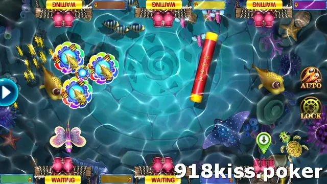 Da Sheng Nao Hai 10000 table on 918Kiss with all six seats marked WAITING, a school of golden fish in rainbow rings, a red firecracker, pufferfish and a manta ray