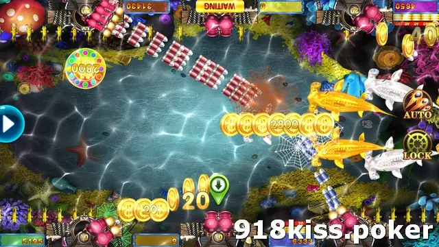 Fishing Star table on 918Kiss on a coral reef with volleys of red shells, golden fish, a trail of gold coins marked 2800 and seat credits at the edges
