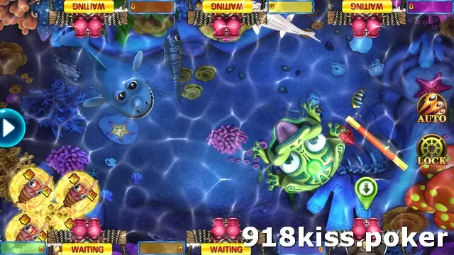 Fishing Star 10000 table on 918Kiss with a giant green frog on a lily pad, a smiling blue dolphin-like creature, a swordfish and all seats WAITING