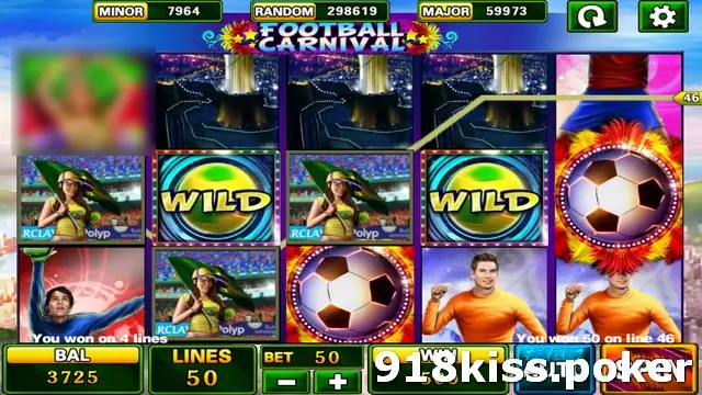 Football Carnival slot on 918Kiss with two WILD football symbols, fans holding flags, a player in orange and a flaming football on reel five, 50 lines and bet 50