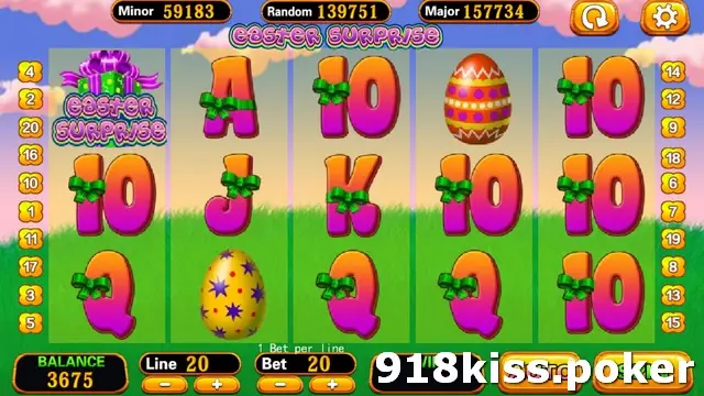 Easter Surprise slot on 918Kiss with painted eggs, pink letters tied with green bows and a gift-box logo on a grassy background, 20 lines and bet 20