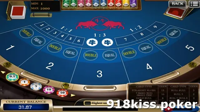 The Bull betting table on 918Kiss with five numbered player spots, DOUBLE and EQUAL circles, side bet rows at 1:1, 1:3 and 1:2, and a card-type odds chart