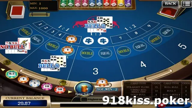 The Bull table on 918Kiss with a dealer hand BULL 2, player hands NO BULL and BULL 9, chips on the spots, a New Game button and YOU WIN 2