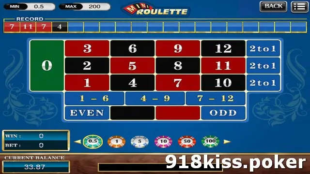 Mini Roulette table on 918Kiss with numbers 0 to 12, three 2to1 column boxes, ranges 1-6, 4-9 and 7-12, even, odd, red and black, and a chip rack