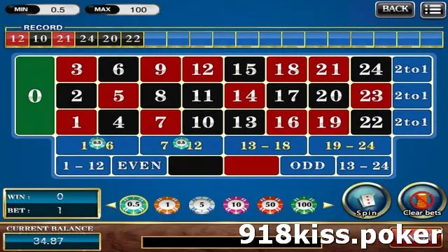 Roulette 24 table on 918Kiss with numbers 1 to 24 in three rows, a green 0, 2to1 boxes on the right, chips from 0.5 to 100 and Spin and Clear bets buttons
