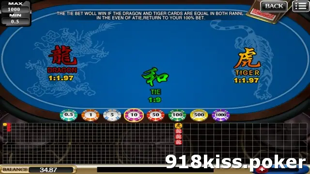 Dragon Tiger 2 blue table on 918Kiss with Dragon 1:1.97 on the left, Tiger 1:1.97 on the right, Tie 1:9 in the middle and a row of chips from 0.5 to 1000