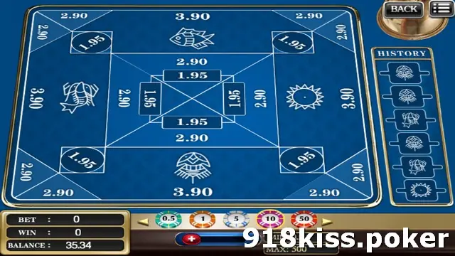 Belangkai board on 918Kiss: a blue square table with a fish at the top, a prawn on the left, a sun-like flower on the right and a crab-like symbol at the bottom, with numbered bet boxes and a HISTORY column