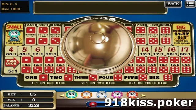 Sicbo shaker with a gold dome cover over the middle of the table while the dice are shaken, with a 0.5 chip on Small