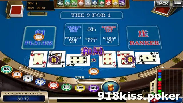 Baccarat round ending in a tie on 918Kiss: Player and Banker both show 8, the tie characters appear in the middle and a PUSH 1 tag sits next to a 1-unit chip