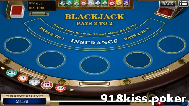 BlackJack table on 918Kiss with five empty betting circles, the lines Blackjack pays 3 to 2, dealer must draw to 16 and stand on all 17s, Insurance pays 2 to 1, and a chip rail
