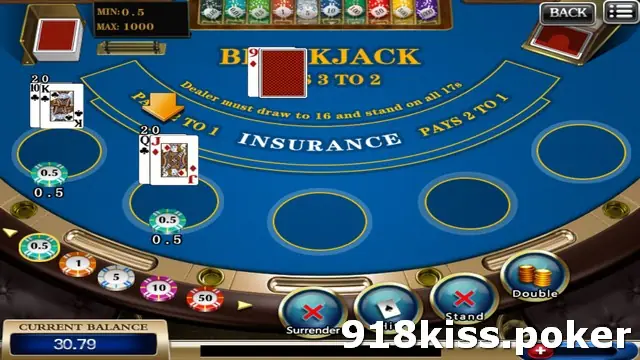 BlackJack round on 918Kiss with two player hands both showing 20, a dealer nine face up with a hidden card, and Surrender, Stand and Double buttons