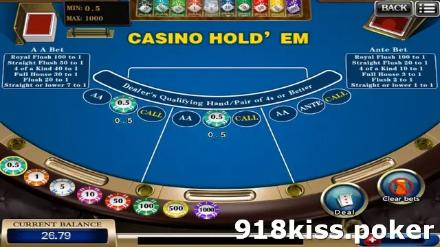 Casino Hold'em table on 918Kiss with three seats each marked AA, Ante and Call, the AA Bet paytable on the left, the Ante Bet paytable on the right and Deal and Clear bets buttons