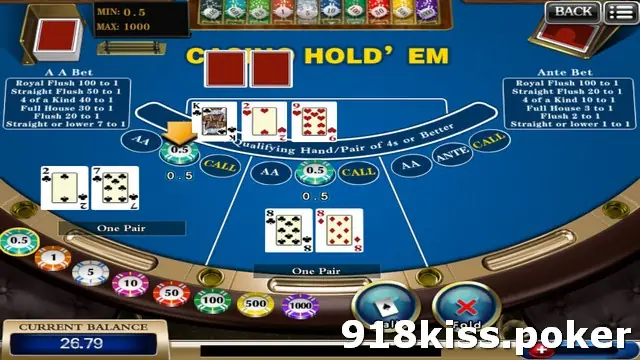 Casino Hold'em after the flop: the dealer's two cards face down, a King, 2 and 9 on the board, one seat holding 2 and 7 and another holding a pair of 8s, both marked One Pair, with Call and Fold buttons