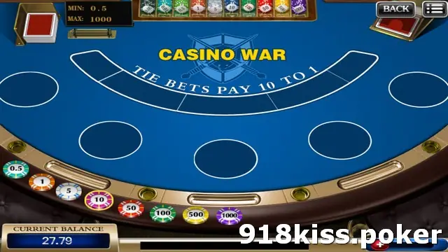 Casino War table on 918Kiss with six empty betting circles, a crossed-swords shield emblem and the line Tie bets pay 10 to 1 across the felt
