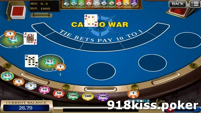 Casino War round with two player hands, a Jack and a 9, both beating the dealer's 4, with chips on each circle and a win message at the bottom